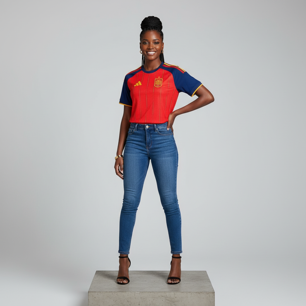 Nigerian female model wearing red gold pinstripe football jersey on concrete plinth