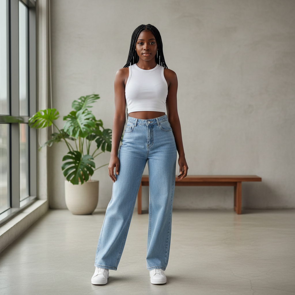 Ice Blue High Waist Wide-Leg Women's Jeans – Model Shot