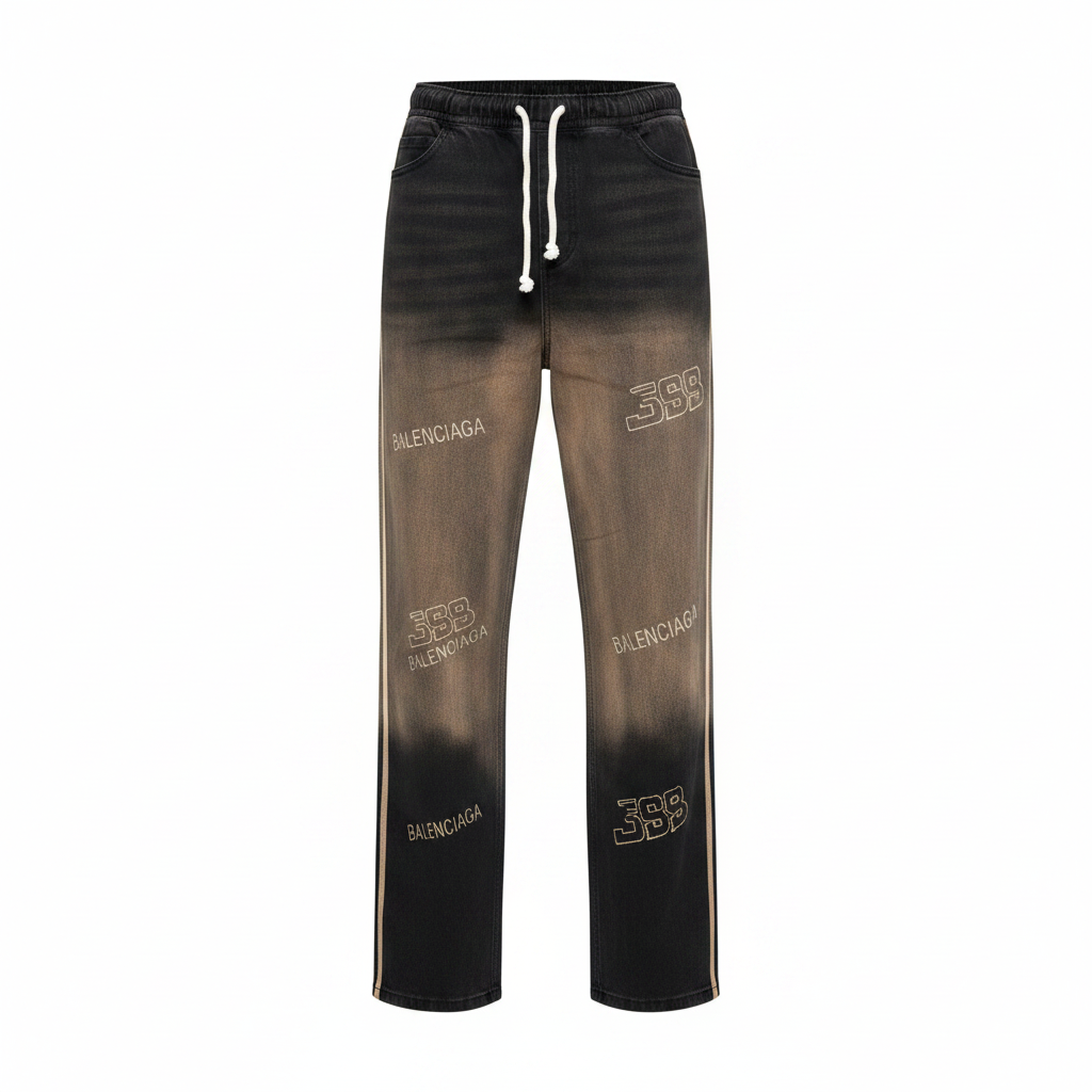 Men's black bleach gradient double side stripe all-over print denim jogger pants ghost mannequin front view