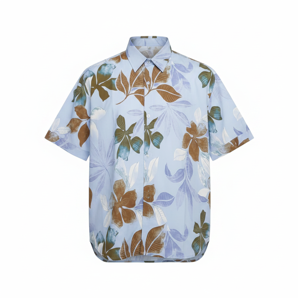 Ghost mannequin of blue tropical leaf print short-sleeved shirt