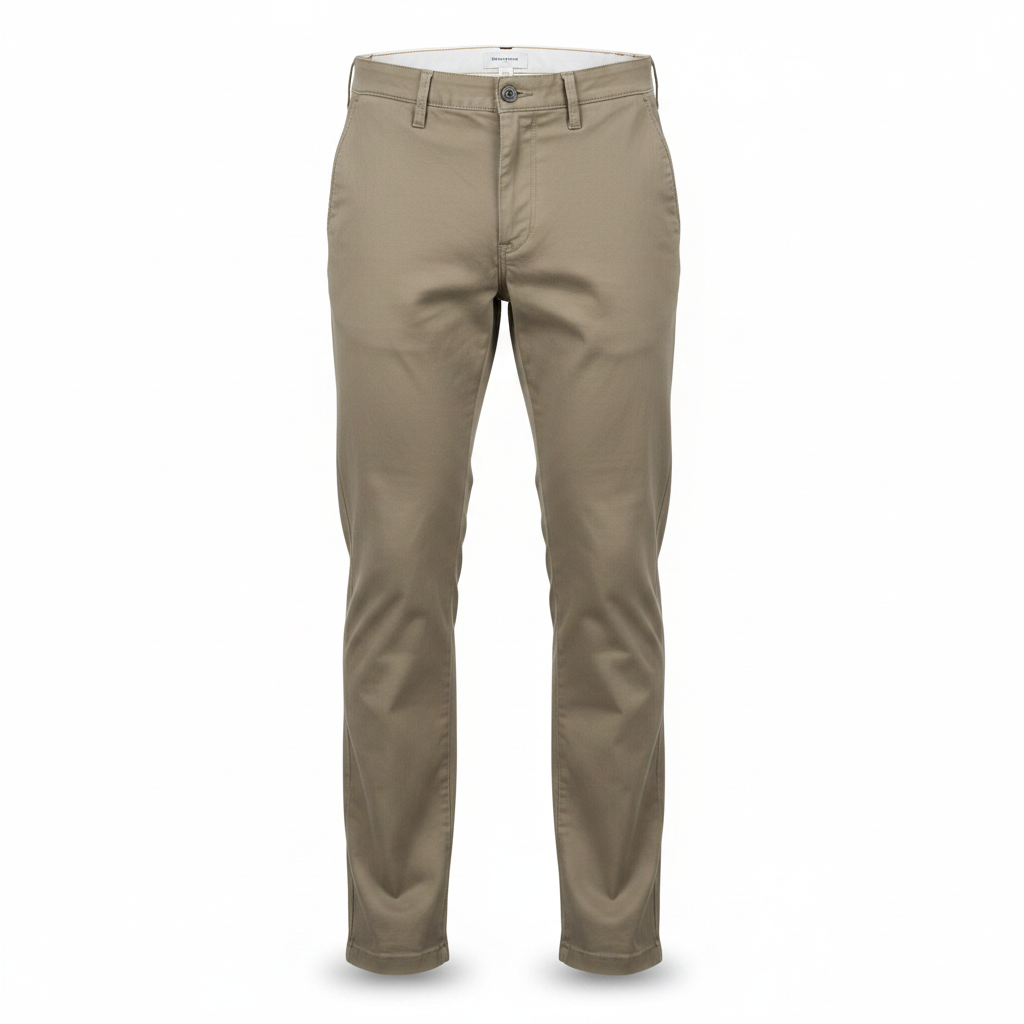 Khaki straight-leg trousers on ghost mannequin, white background