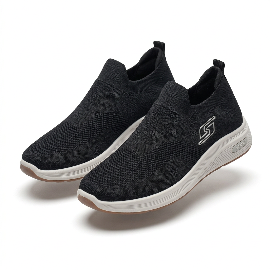 Pair of black knit slip-on sneakers on white