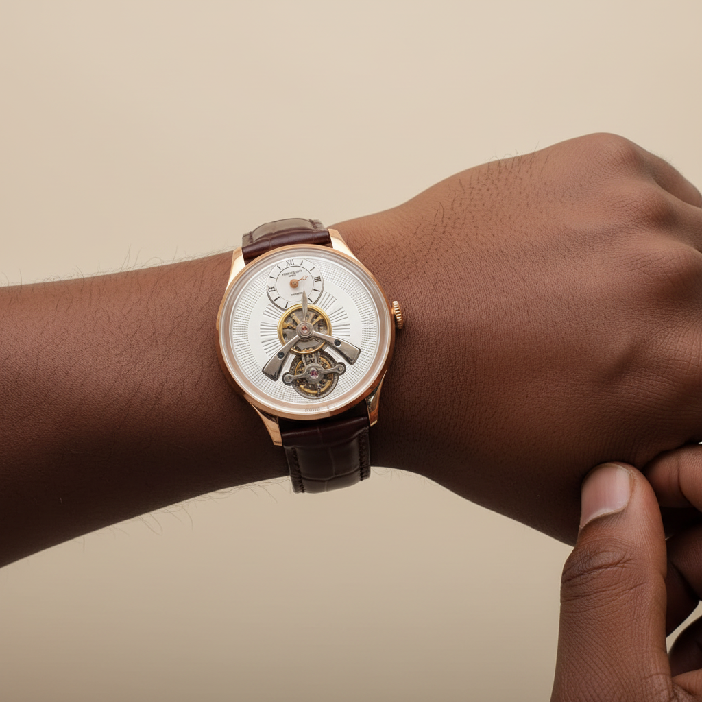 Men's Silver Dial Rose Gold Tourbillon Automatic Watch – Nigerian Male Model Wrist Shot