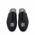 Pair of men’s black glossy scale-textured mule shoes