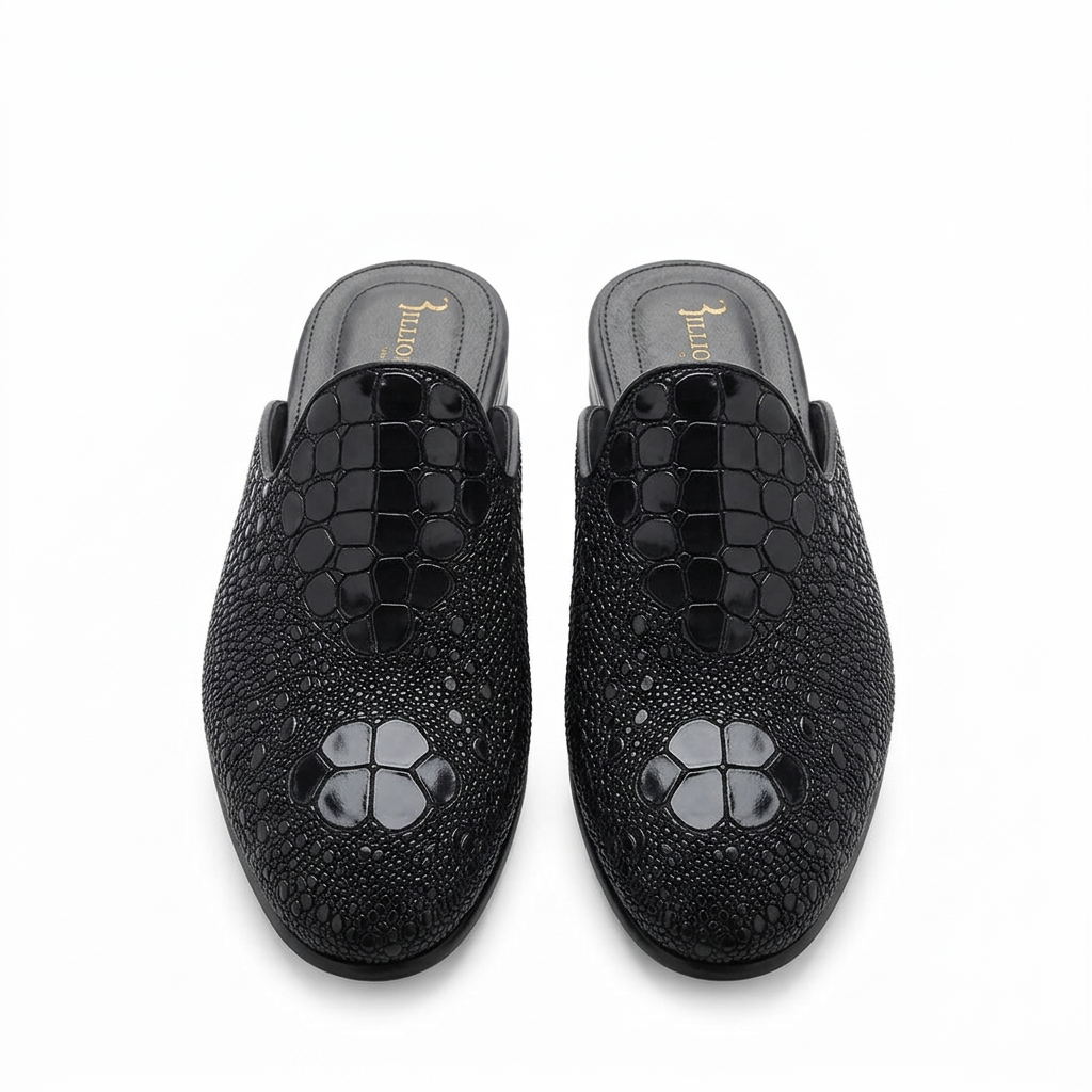 Pair of men’s black glossy scale-textured mule shoes
