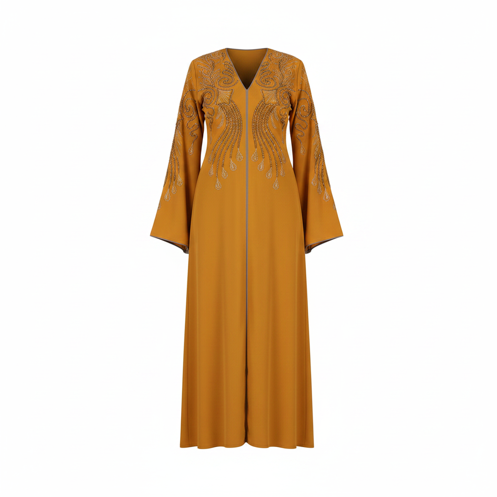 Amber abaya with gold beaded wing embroidery ghost mannequin front view