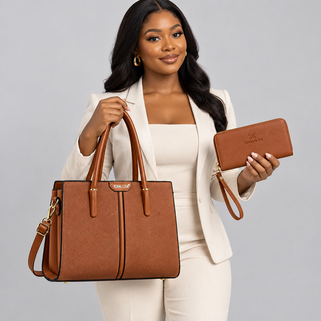 Nigerian woman carrying cognac-brown textured tote and matching zip wristlet