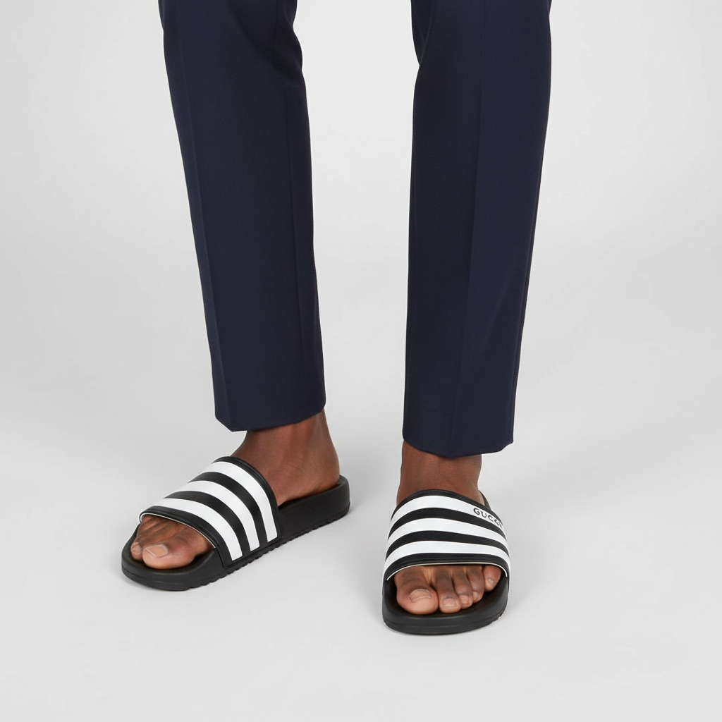 Close-up leg focus of men's black triple stripe slide sandals with dark navy trouser hem