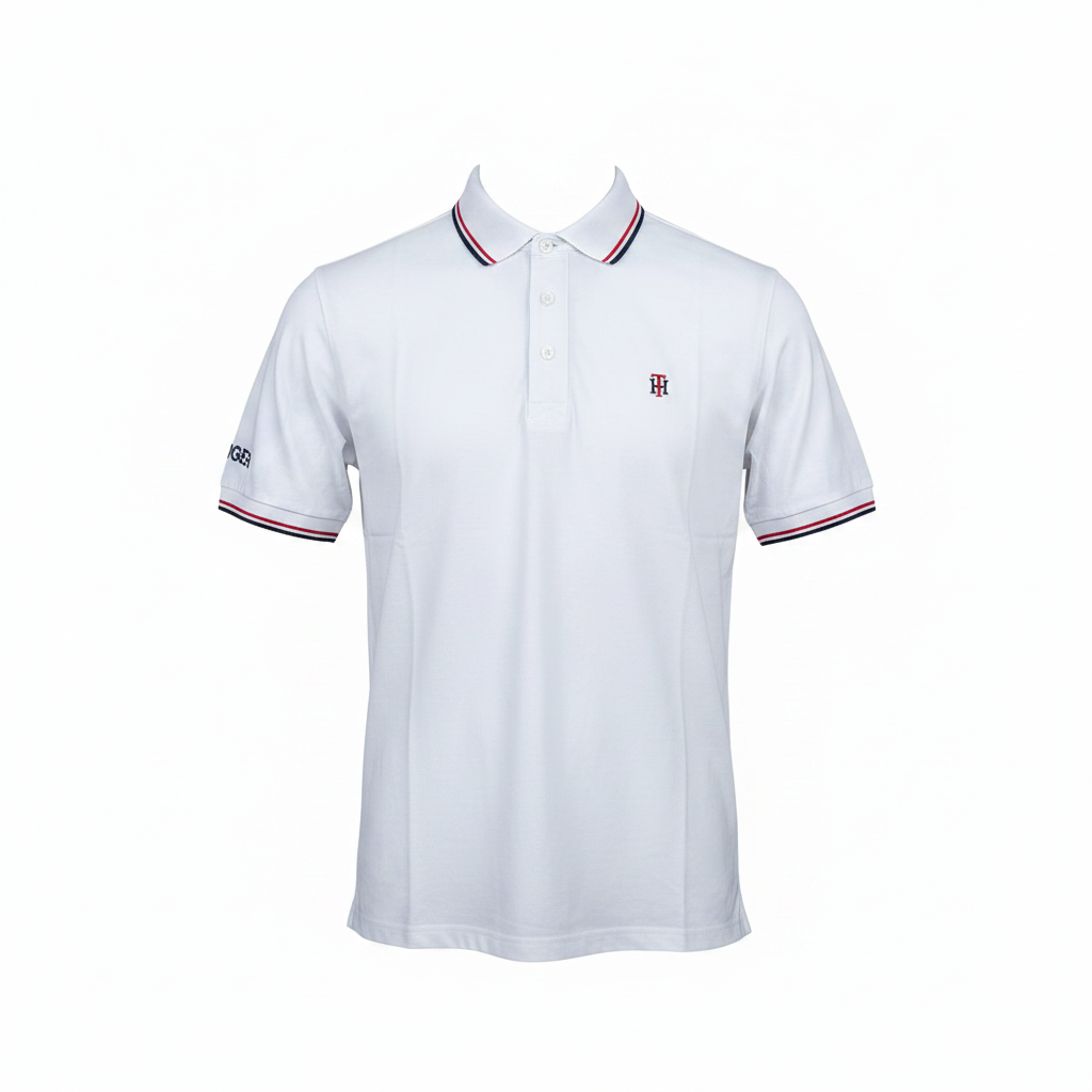Men's white polo shirt ghost mannequin view showing tipped collar and striped cuffs