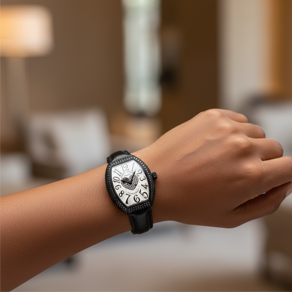 Women's black PVD black stone bezel dual crystal heart dial tonneau watch worn on Nigerian model wrist — lifestyle wrist shot