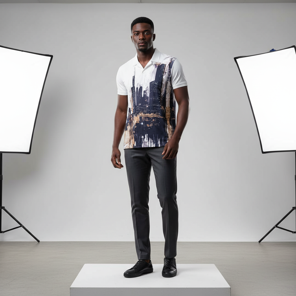 Urban Cityscape Print Polo Shirt - Model Front