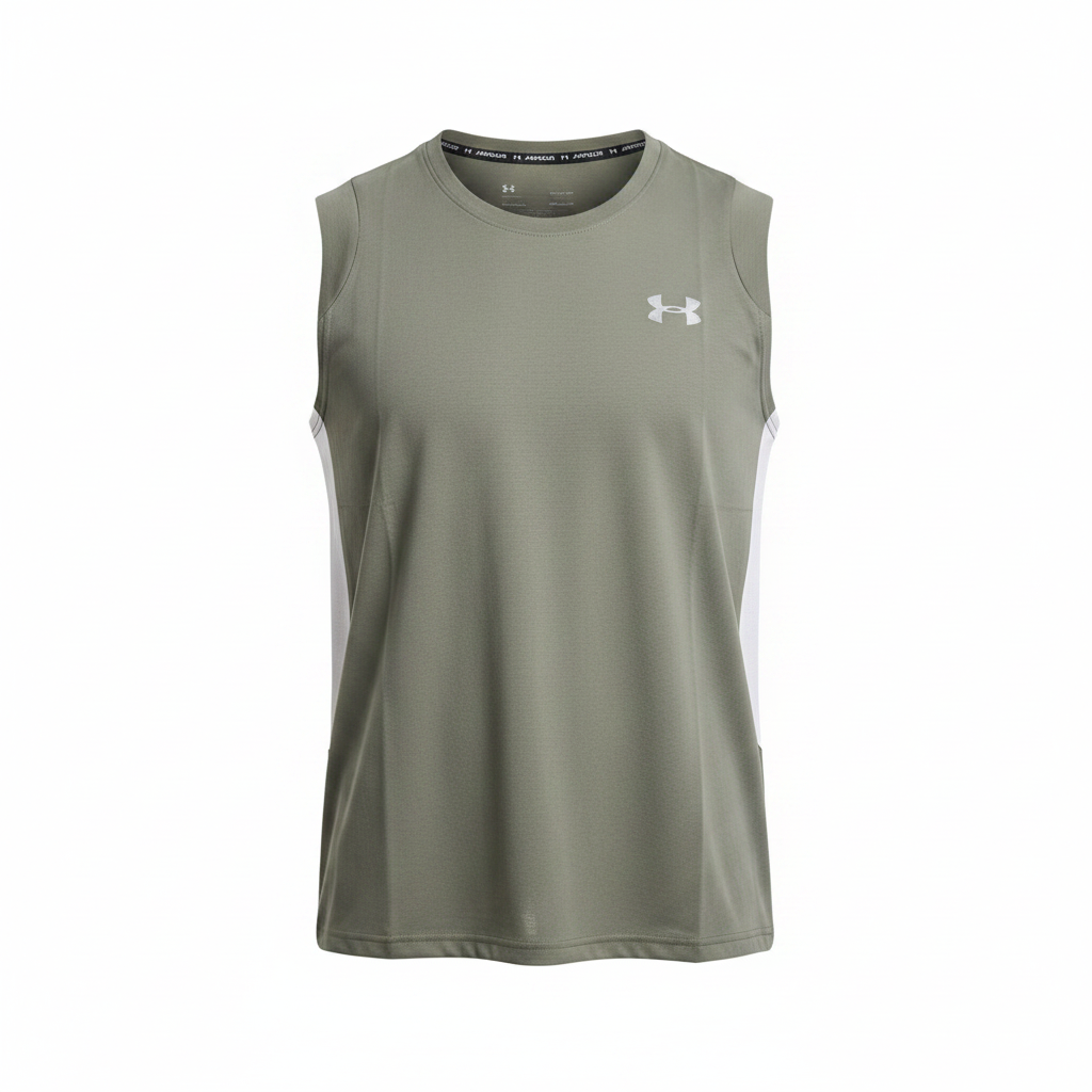 Under Armour olive sleeveless sport vest with white side panels ghost mannequin view