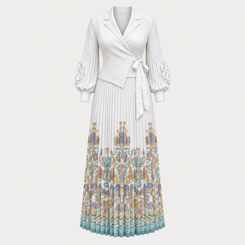White wrap-style pleated dress with multicolour patterned hem on invisible mannequin