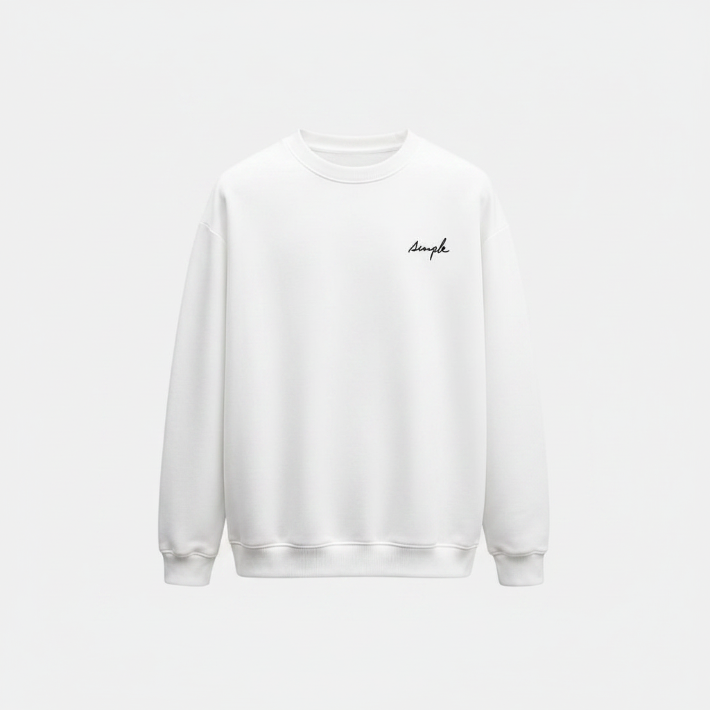Ghost mannequin white Simple Tones script sweatshirt front view
