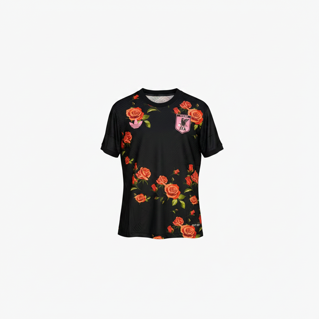 Black rose floral print football jersey ghost mannequin front view