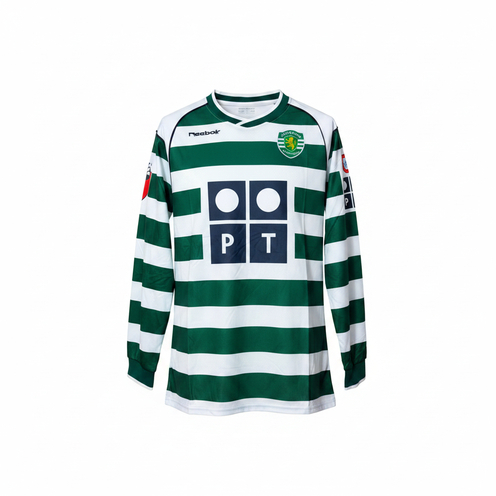 Green and white hooped long-sleeve retro football jersey — ghost mannequin front view