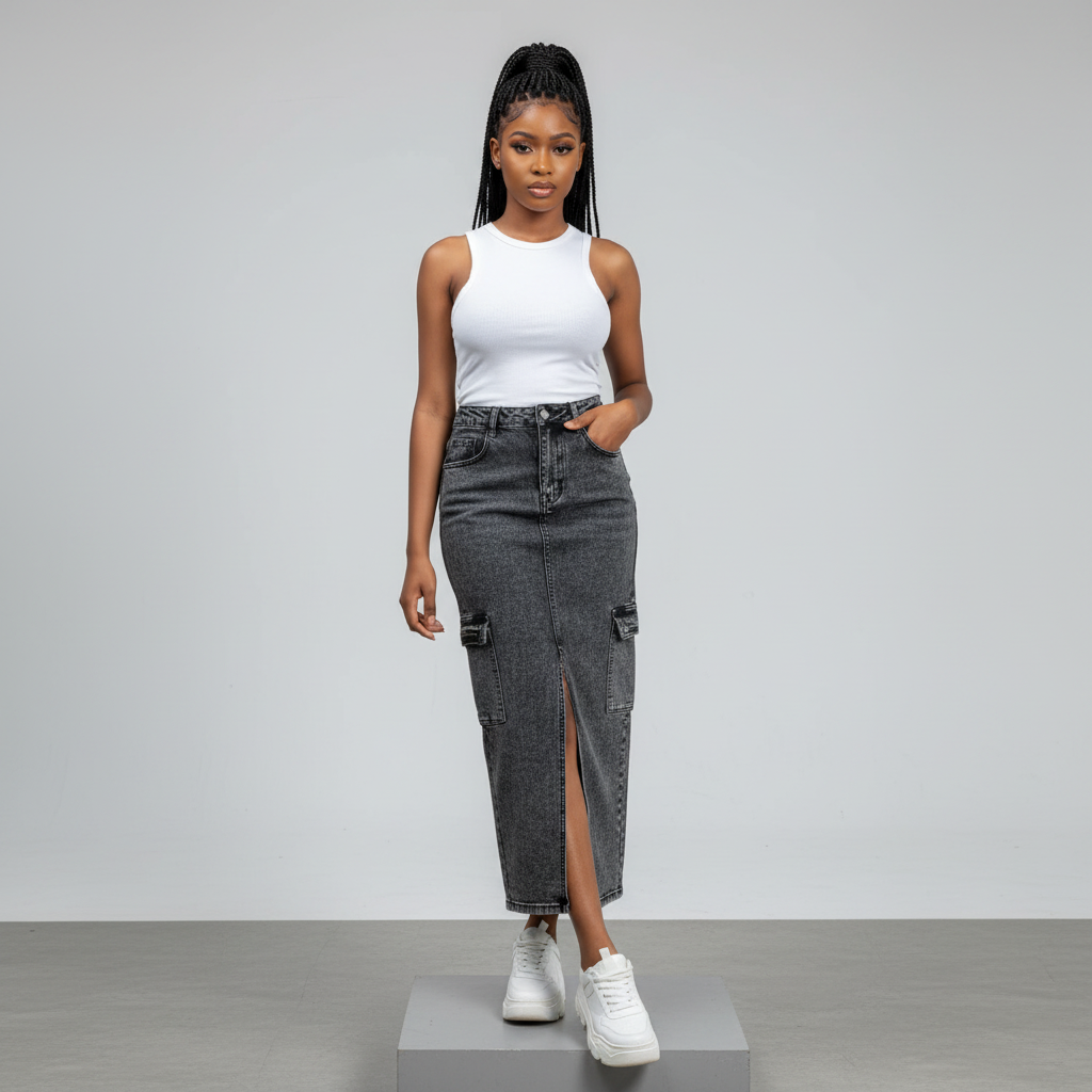 Grey Acid Wash Denim Cargo Midi Skirt - Model Shot