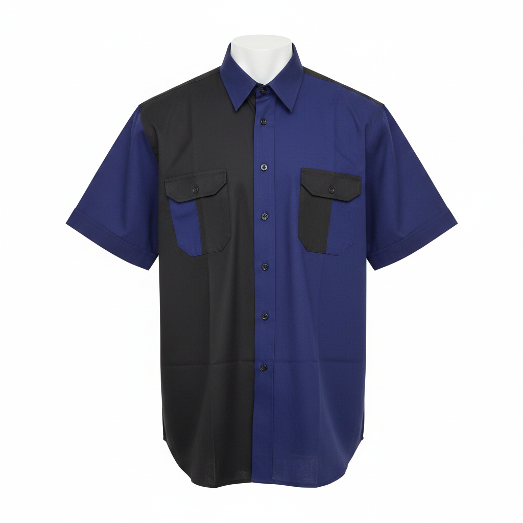 Ghost mannequin of navy and black colour-block short-sleeved shirt