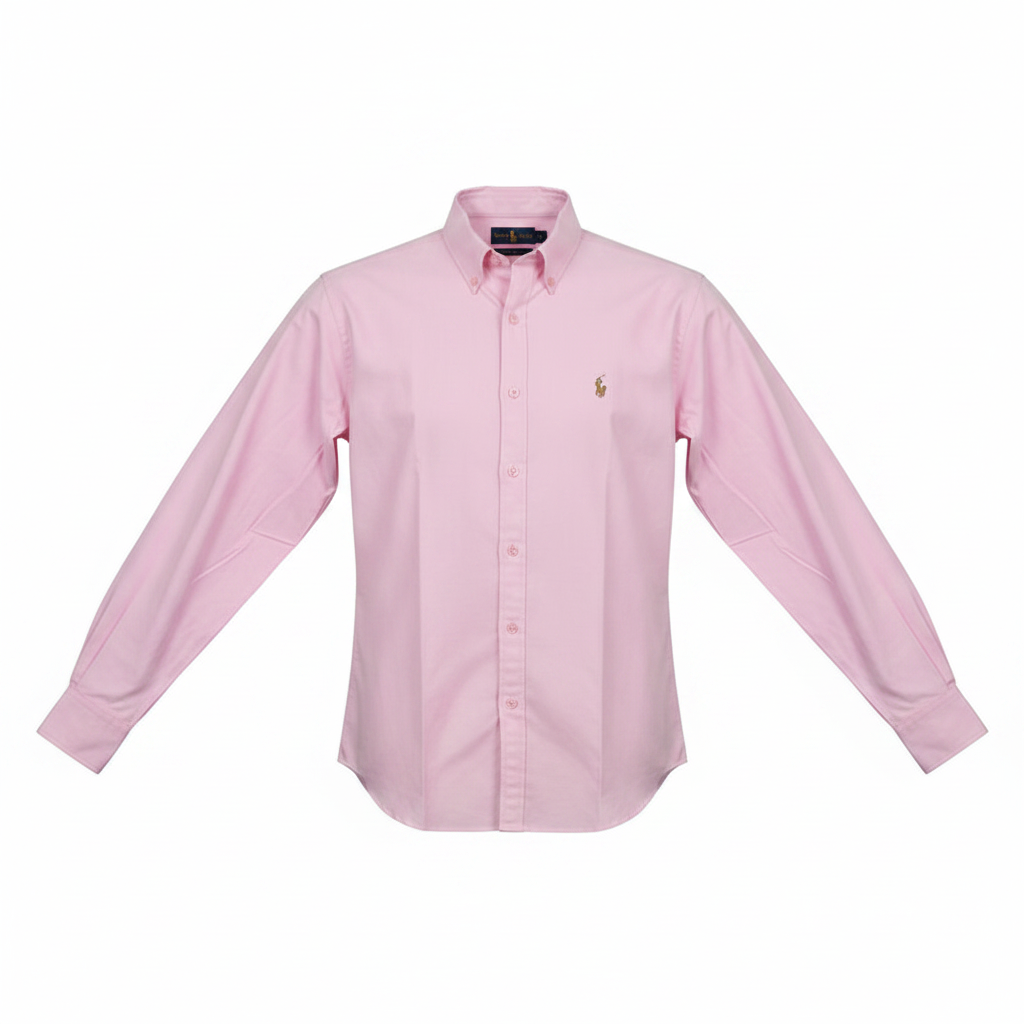 Men's light pink long-sleeve button-down casual shirt on ghost mannequin, white background