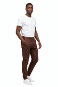 African male model wearing brown cargo jogger pants with white t-shirt