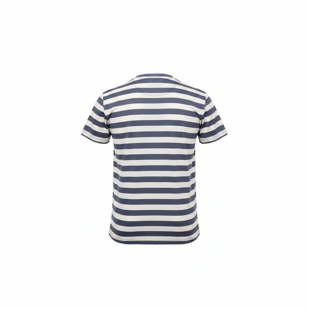 Ghost mannequin back view of grey white striped T-shirt