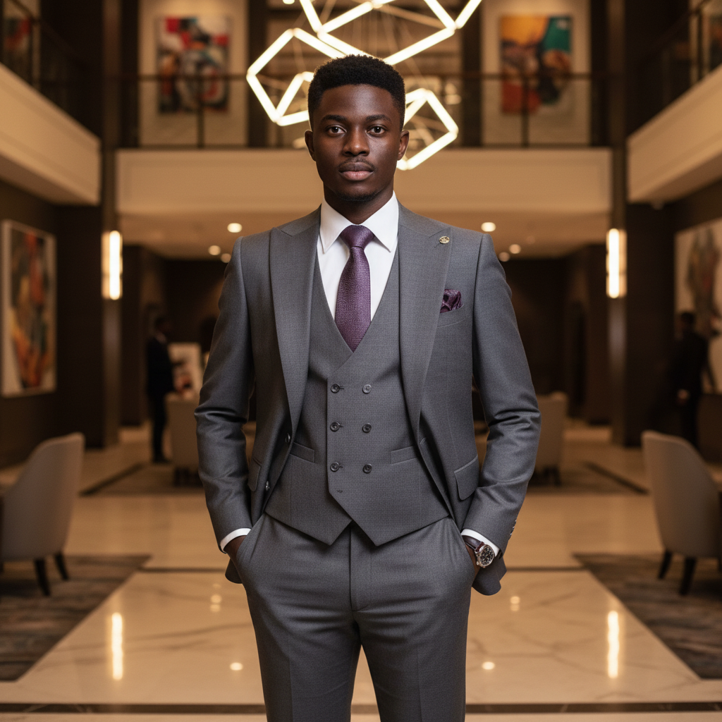 Grey 3-Piece Suit with Purple Tie â€“ Nigerian Model