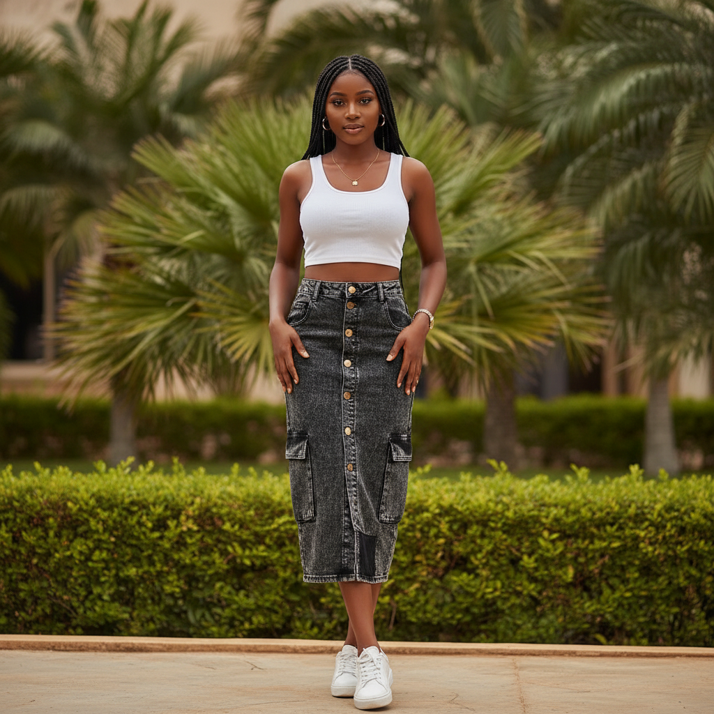 Model Shot – Black Acid-Wash Cargo Denim Midi Skirt