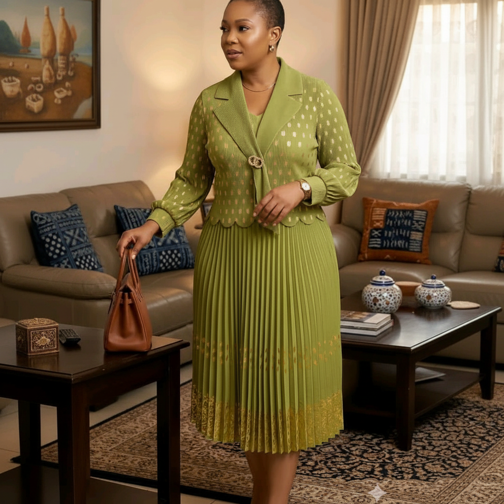 Nigerian woman wearing olive green and gold peplum top and pleated midi skirt set
