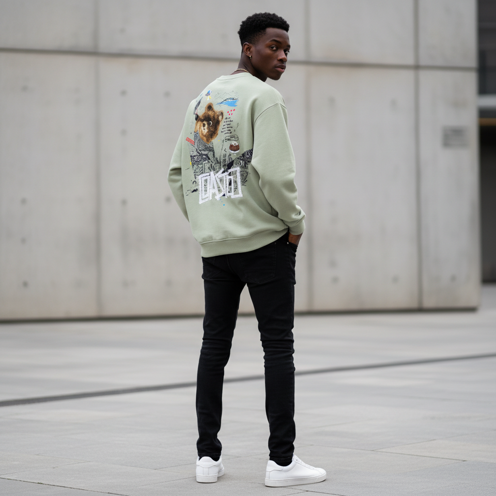 Male model wearing sage green DASTO bear graphic sweatshirt back view