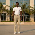 Model wearing sand vintage wash flared denim jeans