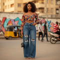 Medium Blue High-Waist Wide-Leg Distressed Denim Jeans - Model Shot