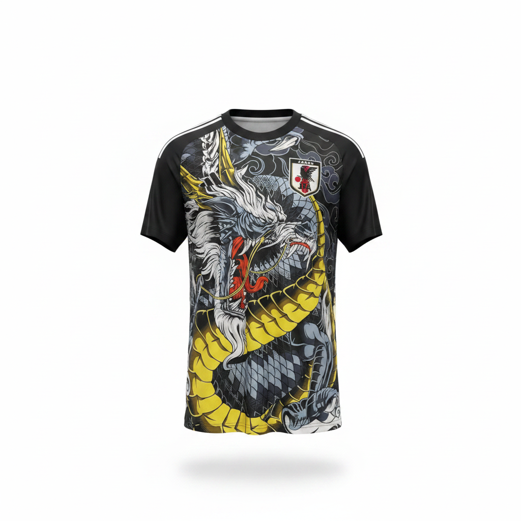 Black dragon graphic football jersey ghost mannequin front view