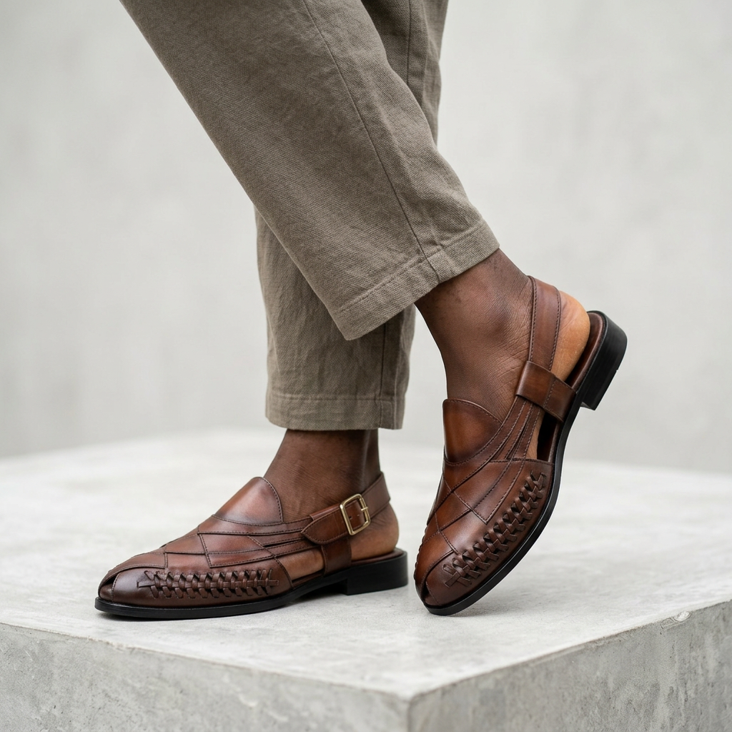 Men's brown slingback sandals with woven lattice detail worn with relaxed-fit trousers