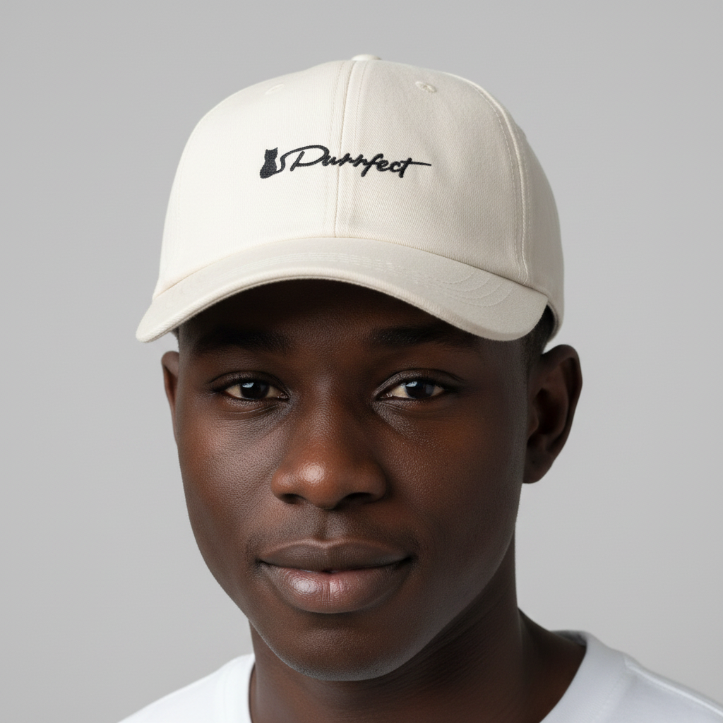 Nigerian model wearing cream cat silhouette embroidered dad cap – head shot