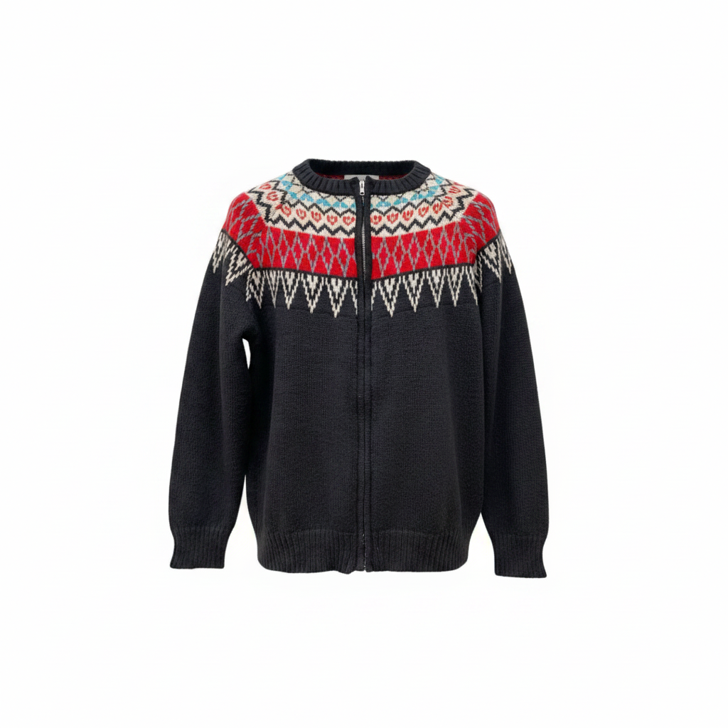 Fair Isle zip-neck jacquard knit sweater ghost mannequin — charcoal grey with multicolour Nordic yoke