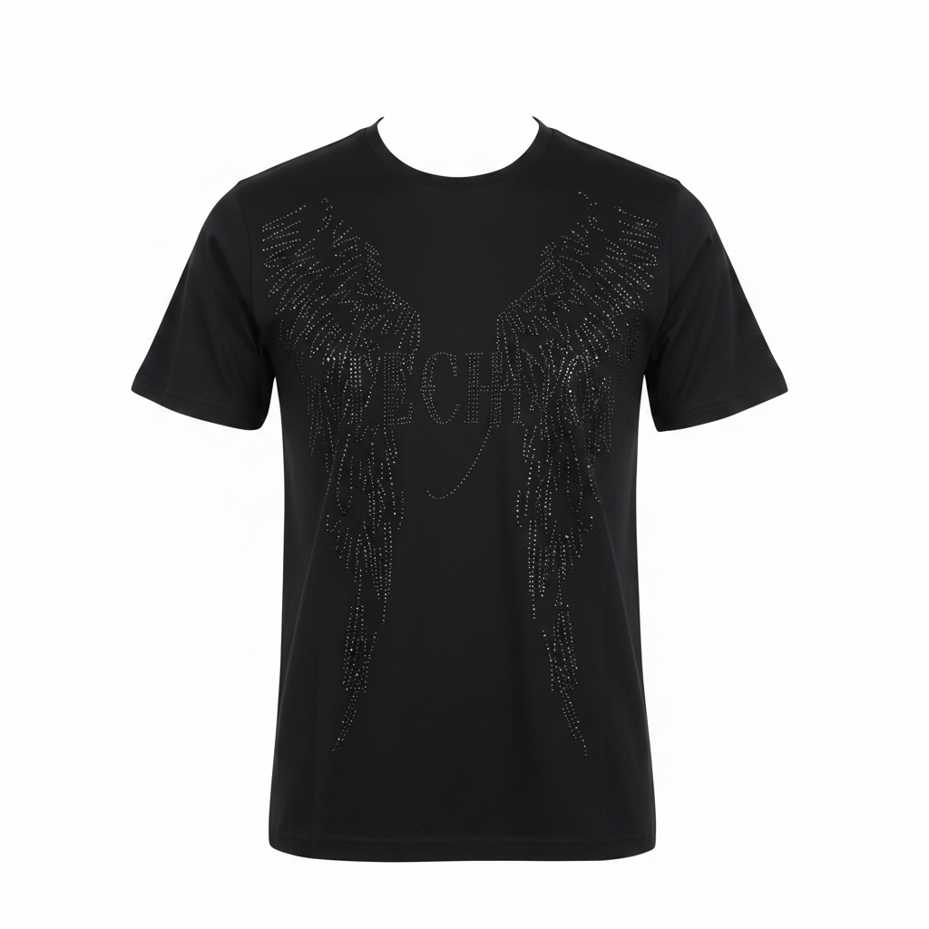 Ghost mannequin front view of black tonal rhinestone angel wings T-shirt