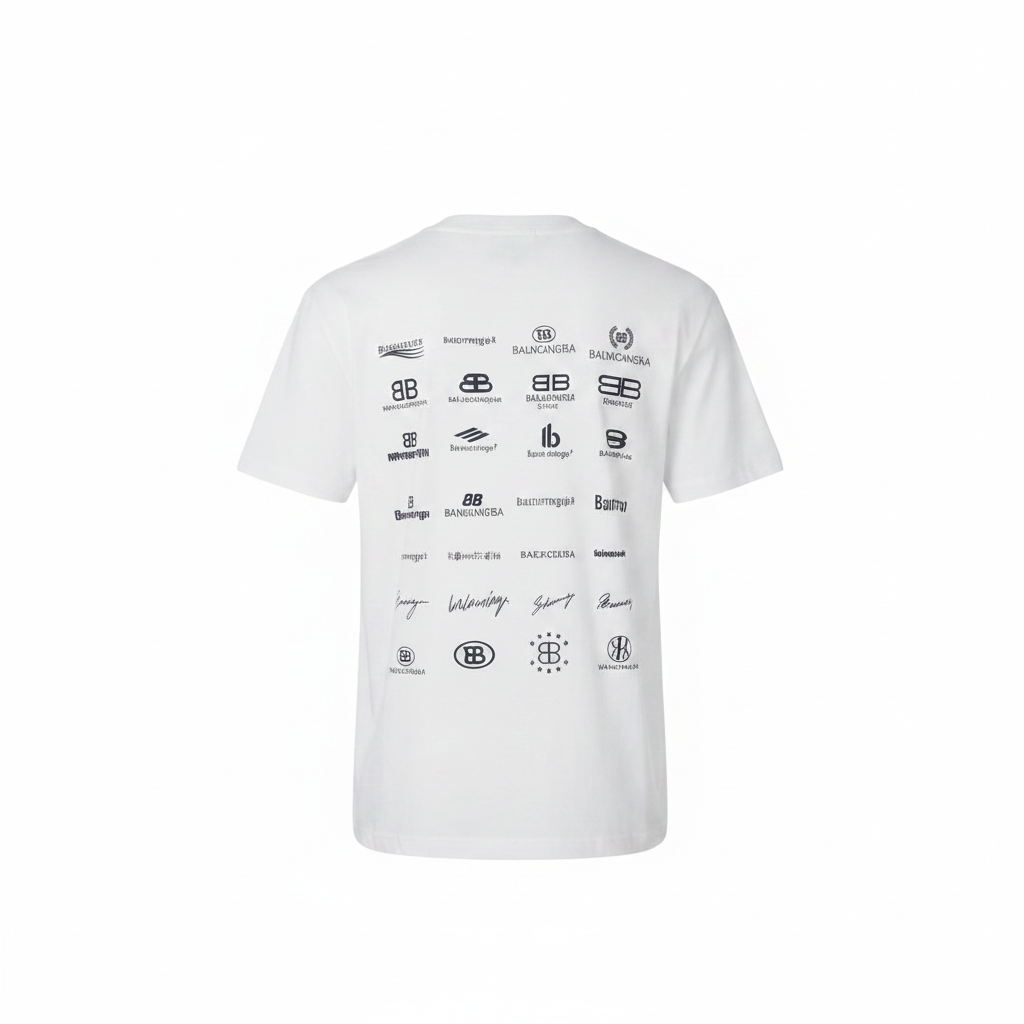 White all-over multi-logo monogram grid crew neck tee ghost mannequin back view on white background