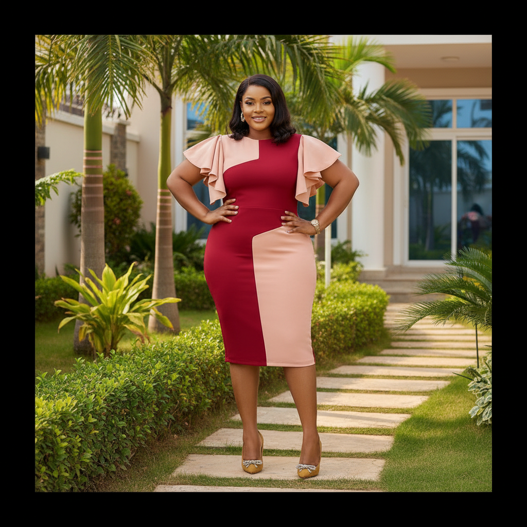 Nigerian female model wearing women's crimson red and blush diagonal colorblock flutter sleeve bodycon midi dress