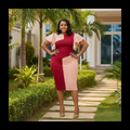 Nigerian female model wearing women's crimson red and blush diagonal colorblock flutter sleeve bodycon midi dress