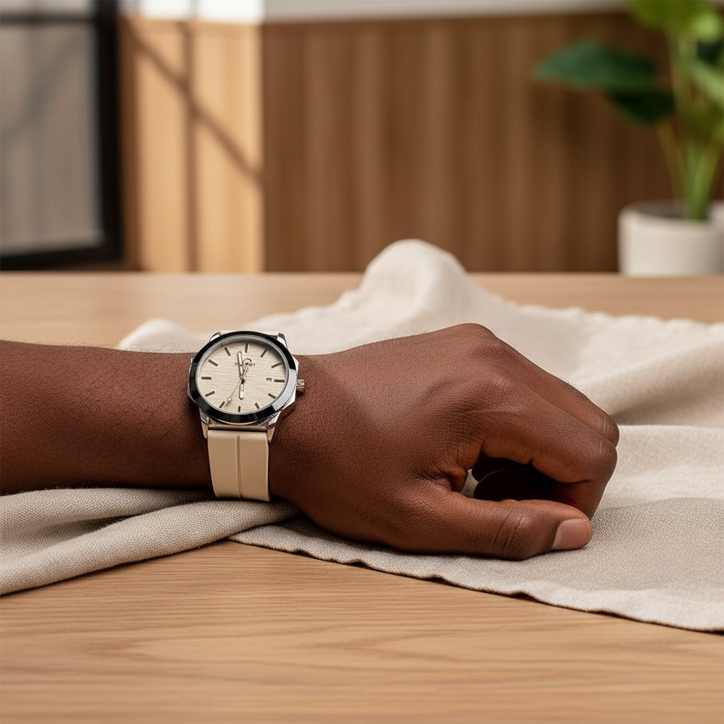 Cream textured dial watch with matching strap and black bezel worn on a Black man’s wrist