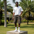Nigerian male model wearing men's dark brown washed distressed denim shorts streetwear style