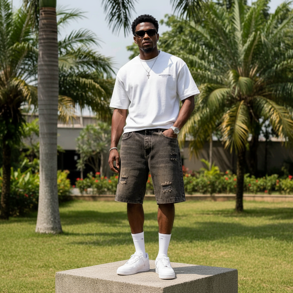 Nigerian male model wearing men's dark brown washed distressed denim shorts streetwear style