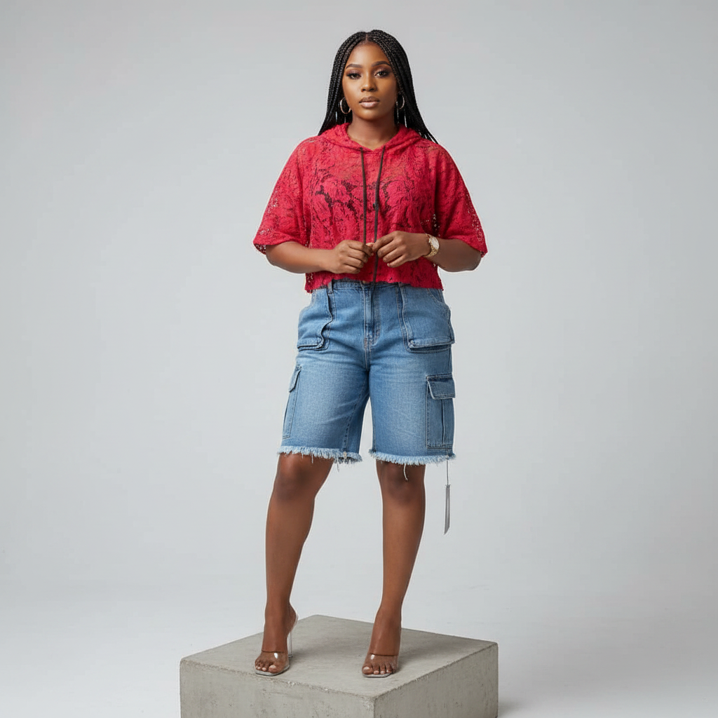 Red Lace Crop Hoodie & Denim Shorts Set - Model Front View