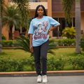 Women's sky blue cartoon rhinestone oversized tee - female model shot