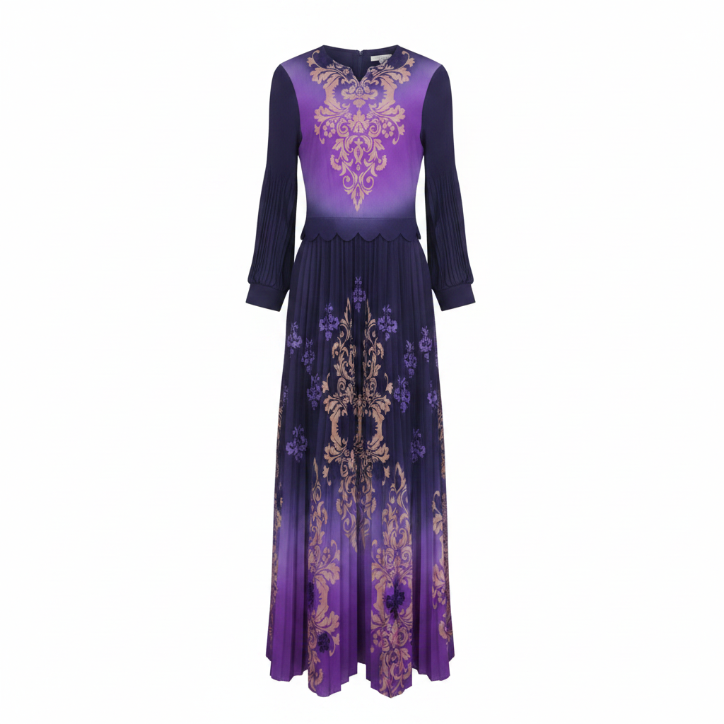 Purple navy ombre baroque damask print pleated maxi dress ghost mannequin front view