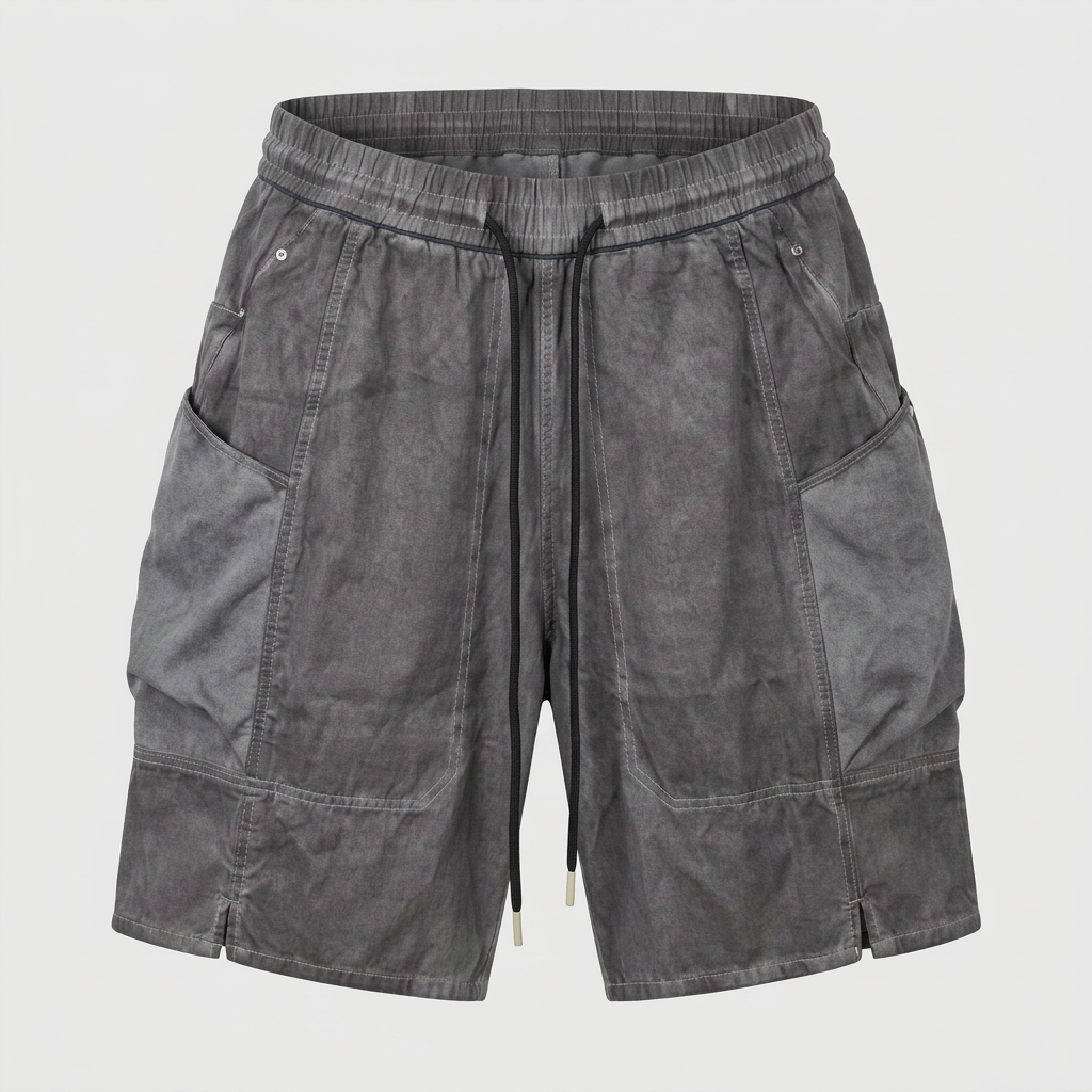 Charcoal grey drawstring panelled shorts, ghost mannequin front view