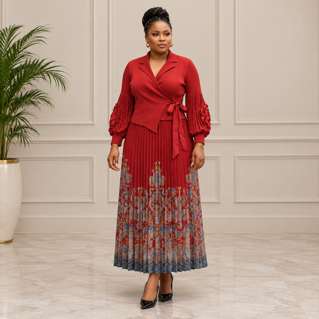 Adult Black woman wearing red printed-hem pleated dress