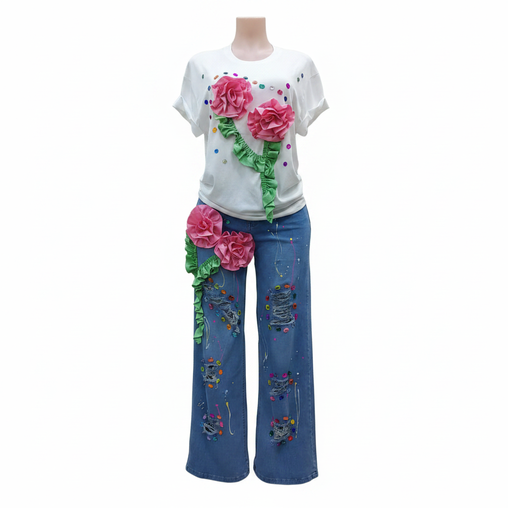 Ghost mannequin front view of 3D Rose Appliqué Embellished Denim Co-ord Set