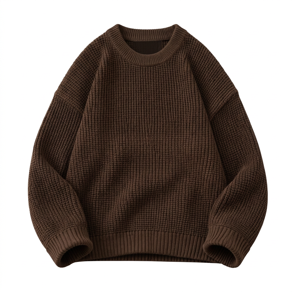 Plain brown rib-knit crew-neck sweater on a white background