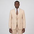 AI-generated styling preview of a Black adult model wearing a light beige suit